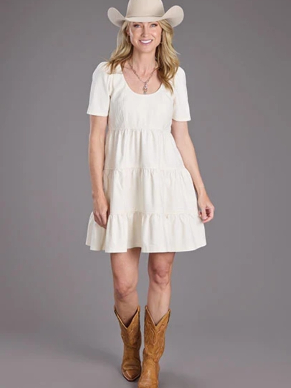 👢🤎 STETSON 🤎👢 Women's Denim Tiered Dress in Cream sz 12 NWOT